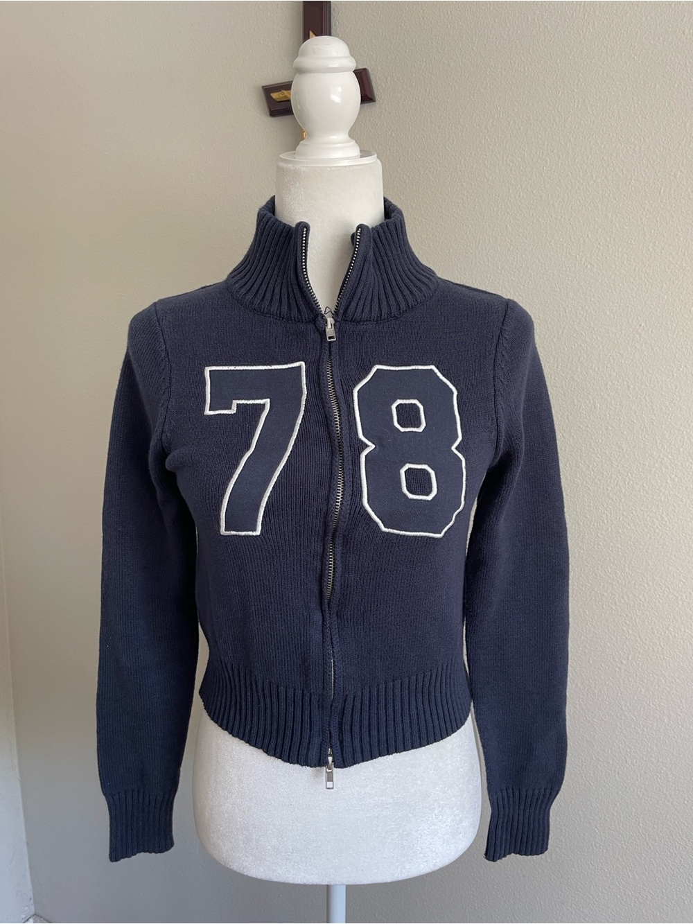 Arden B Navy Zip-Front Cowl Sweater with White 78 Appliqué
